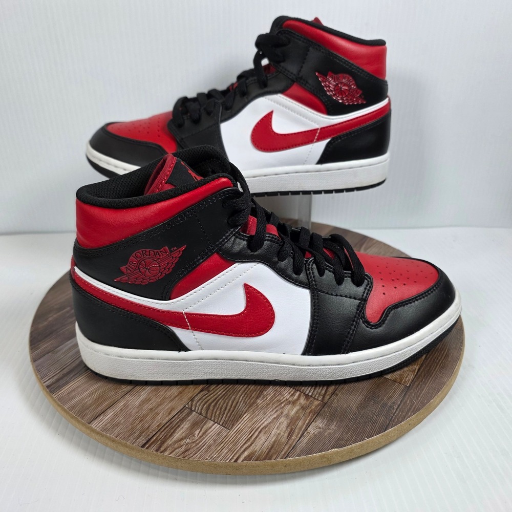 Nike Air Jordan 1 Mid Bred Toe Red/Black/White Leather Sneakers‎ Size 8